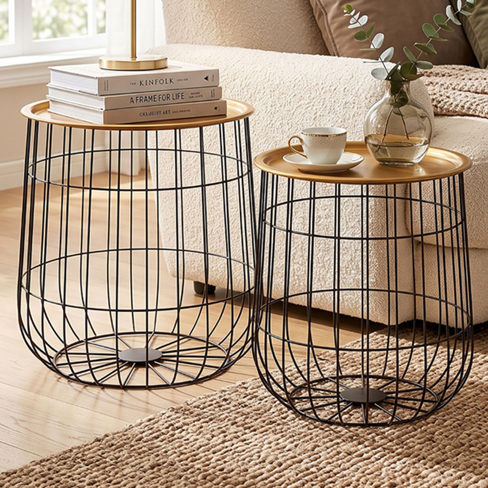 Premier Housewares Hege Brass Finish Top Black Metal Wire Base Side Table Set of 2 Image 1