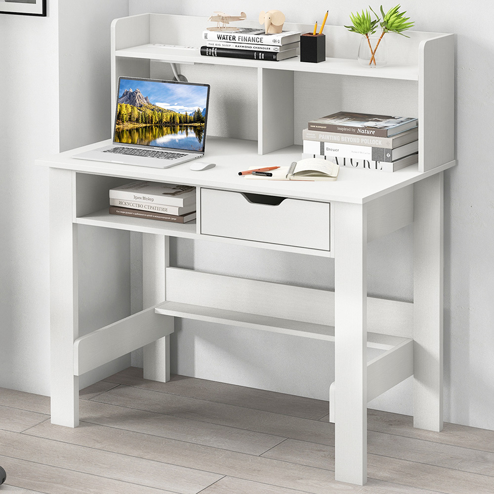 Costway Single Drawer 4 Shelf Computer Desk with USB Port White Image 1