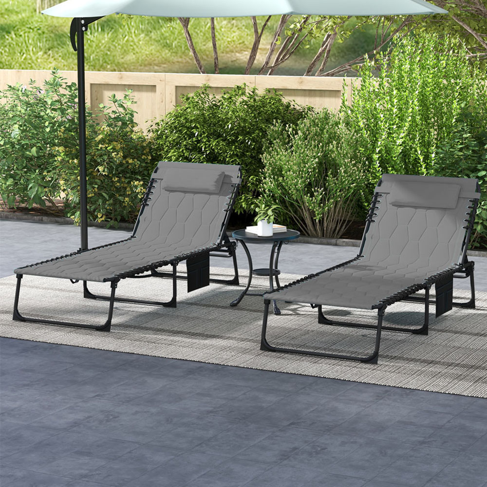 Outsunny Set of 2 Grey Foldable Recliner Sun Lounger with Side Pocket Image 1