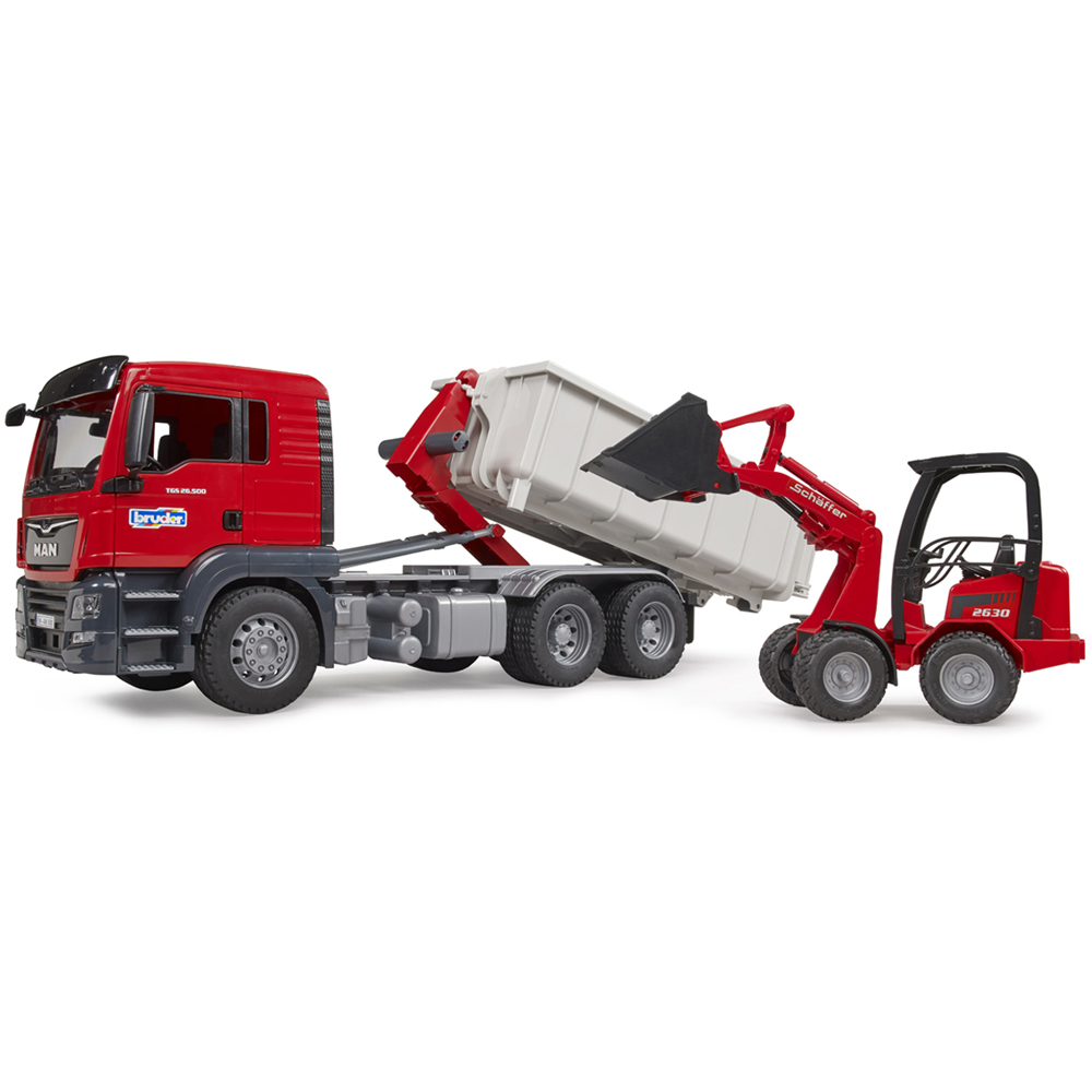 Bruder Kids MAN TGS Truck with Roll-Off-Container and Schäffer Compact Loader Playset Model Image 3