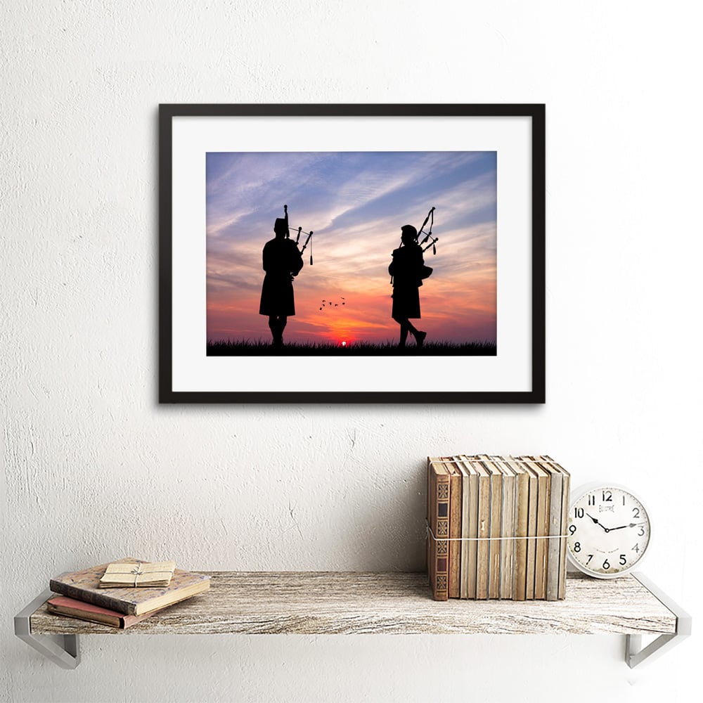 Wee Blue Coo Sunset Scottish Pipers Silhouette Photo Framed Wall Art Print 30 x 41cm Image 2