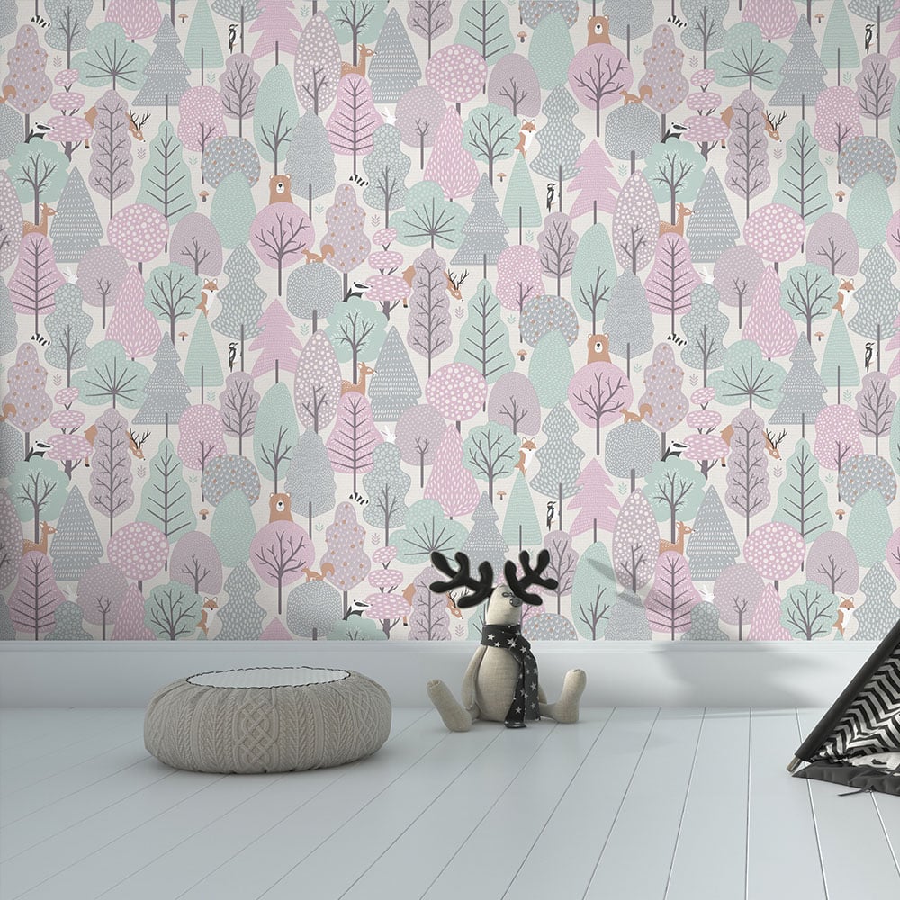 Muriva Wild Wood Pink and Teal Wallpaper Image 2