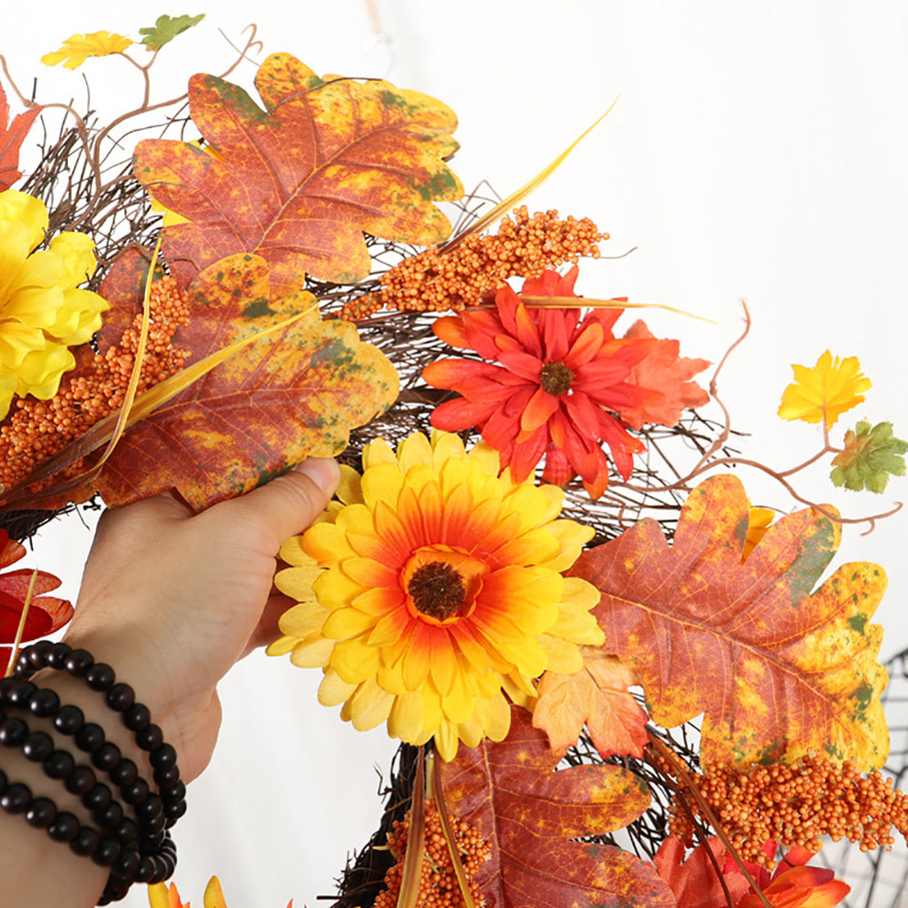 Living and Home LED Wreath with Maple Leaves Daisies and Sorghum 55cm Image 5