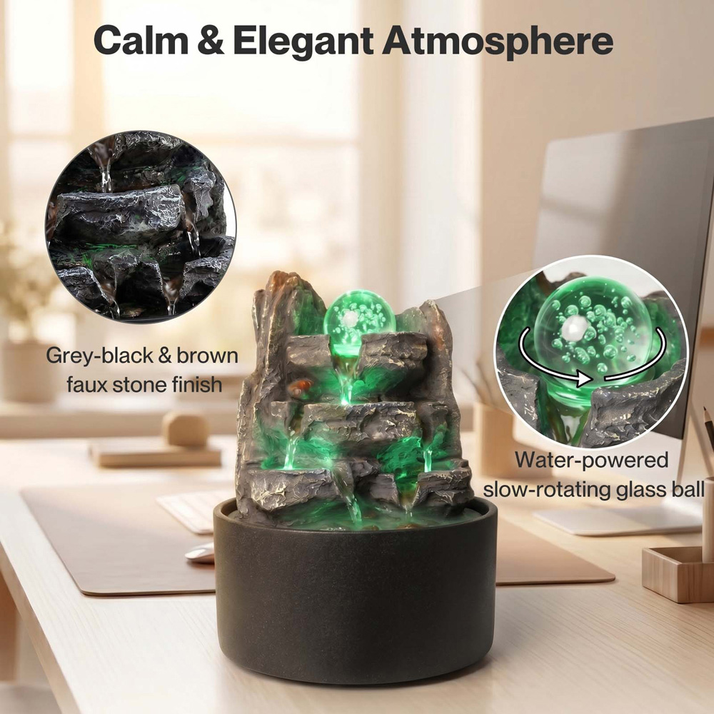 Spector Grey Resin Indoor Water Fountain with Rotating Glass Ball and LED Light Image 4