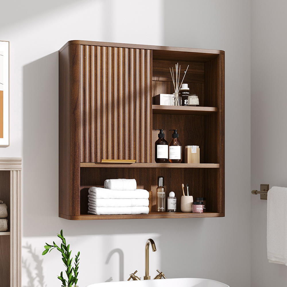 Living and Home Single Door 3 Shelf Walnut Wooden Wall-Mounted Bathroom Cabinet Image 7