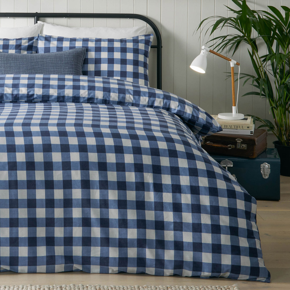 furn. Hartsford Super King Size Navy Check Printed Duvet Set Image 3