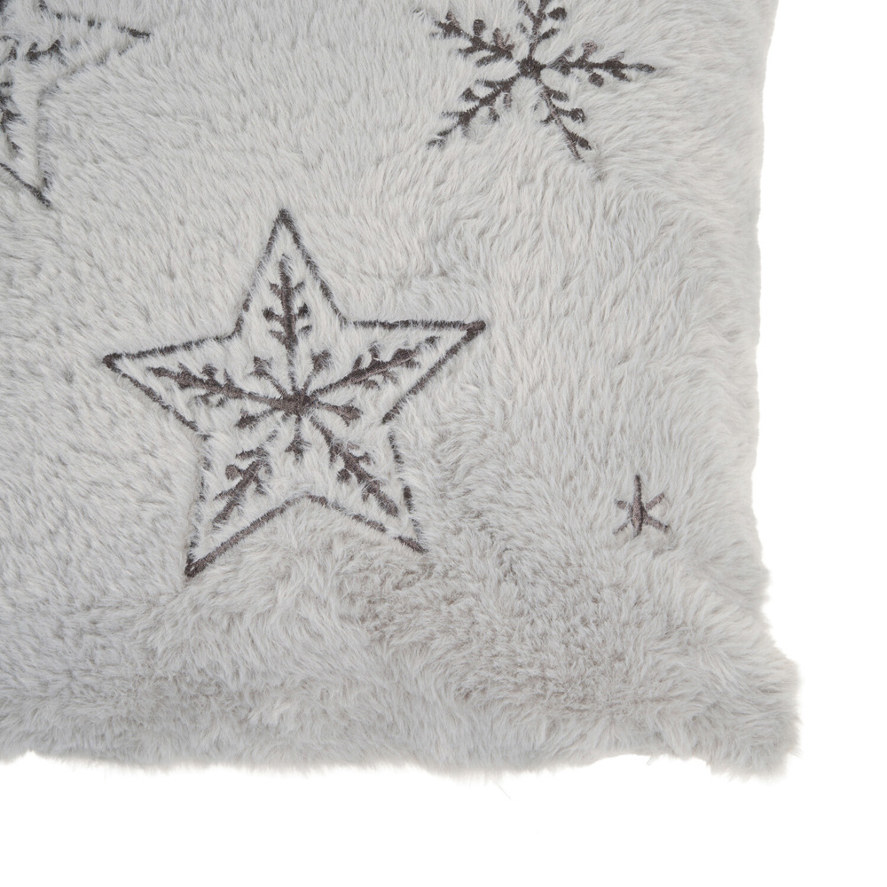 Star Embroidered Faux Fur Cushion Silver Image 2