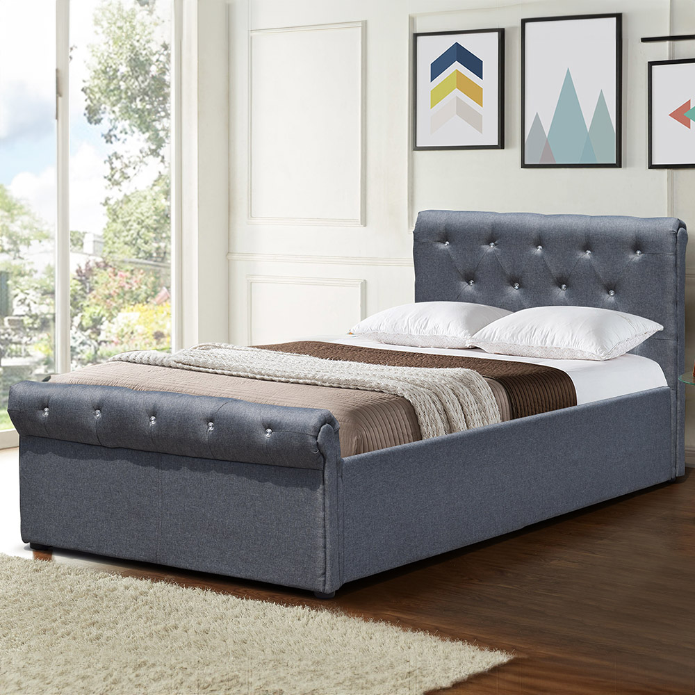 Brooklyn Single Silver Linen Diamante Chesterfield Sleigh Bed Frame Image 1