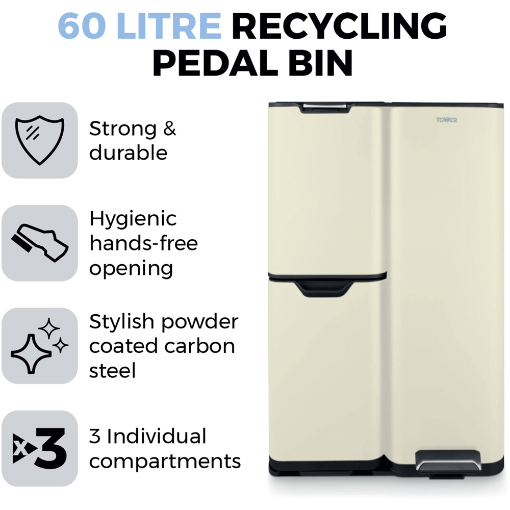 Tower Cream Carbon Steel Triple Recycling Pedal Bin 60L Image 3