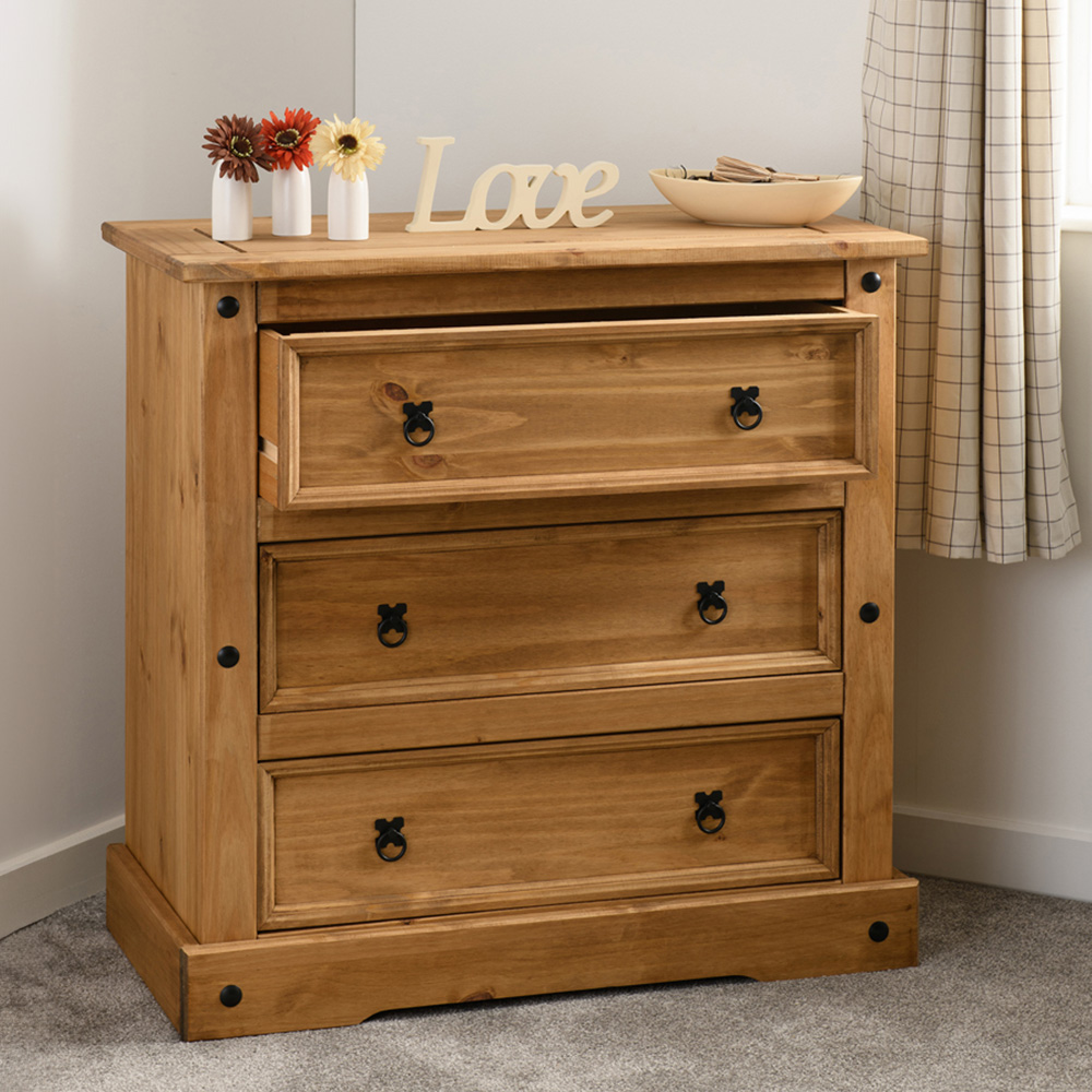 Seconique Corona 3 Drawer Distressed Waxed Pine Chest of Drawers Image 1