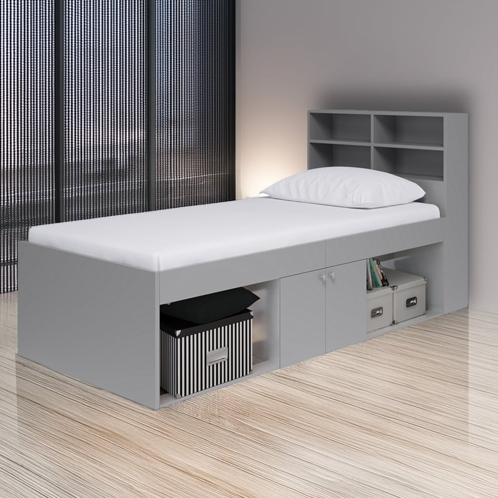 Kudl Single 2 Door 2 Shelf Grey Low Cabin Bed with Bookcase Headboard Image 1