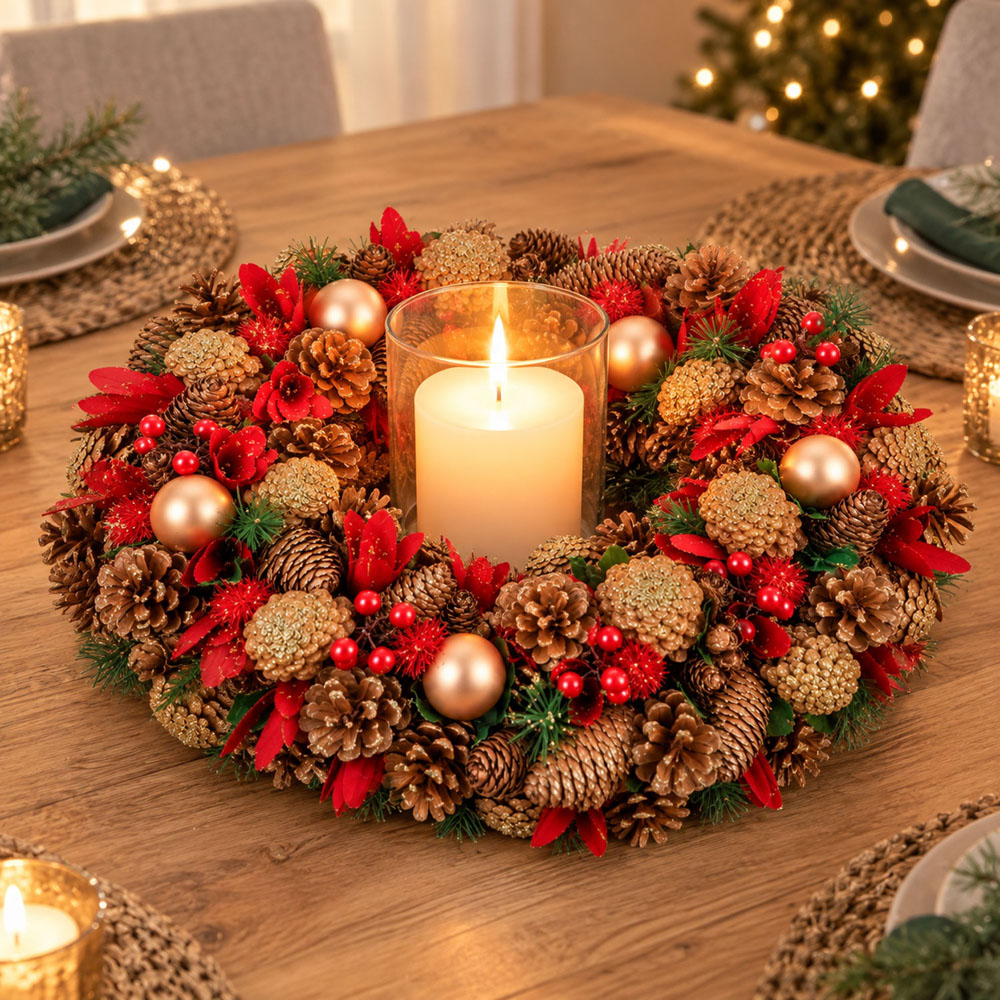 Neo Gold and Red Artificial Christmas Wreath with Berries and Pine Cones 50cm Image 3