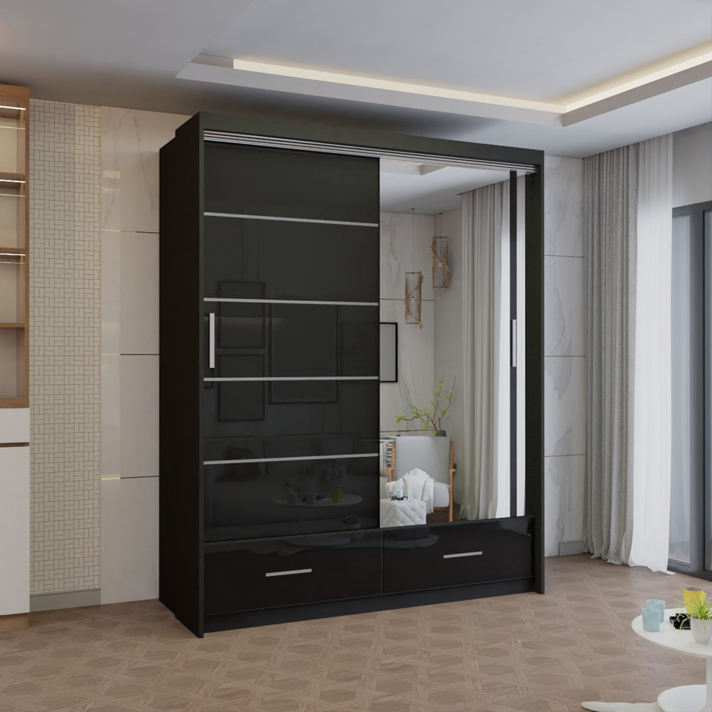 M N Furniture Seliyaa 2 Door 2 Drawer Black High Gloss Sliding Door Wardrobe 150cm Image 4