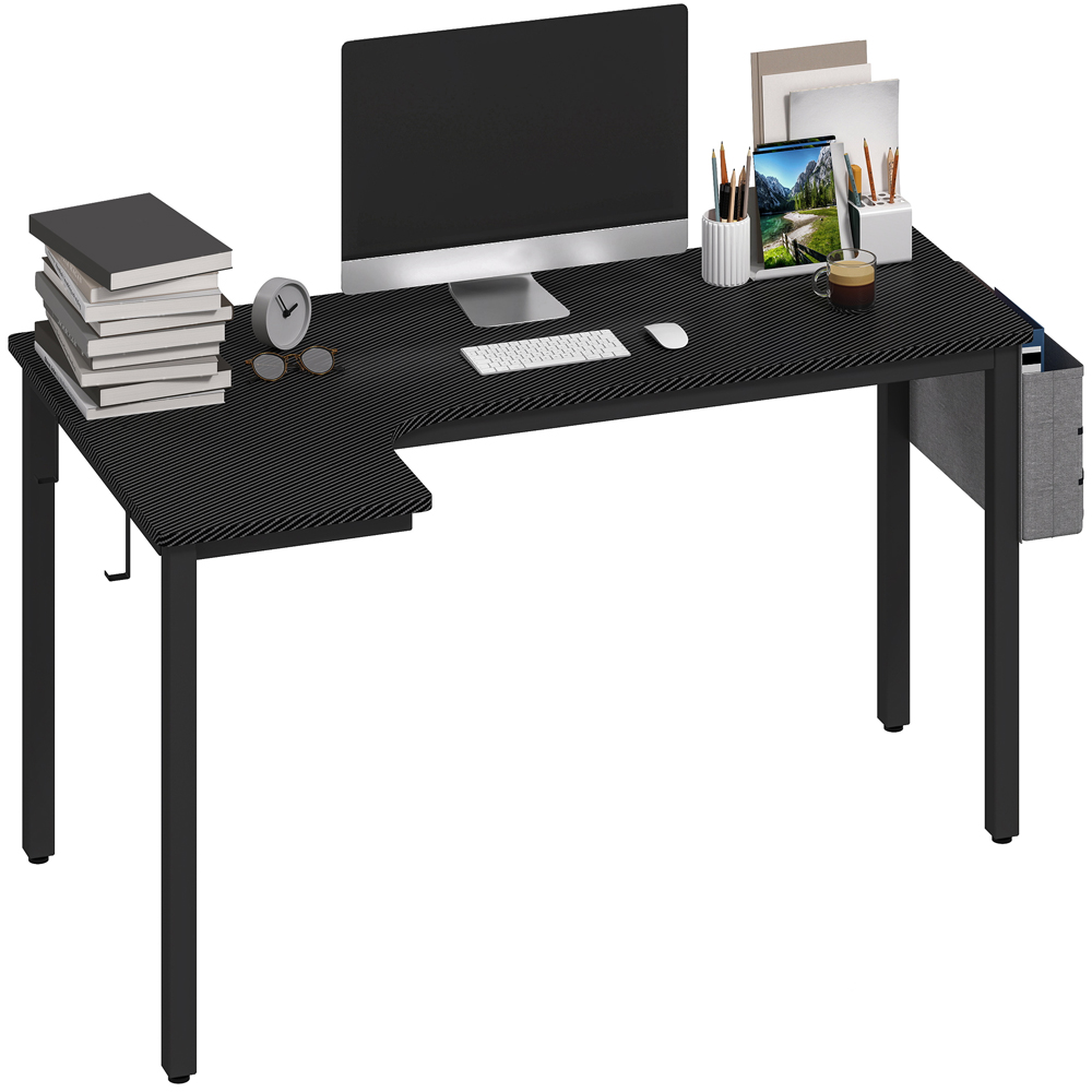 HOMCOM L Shaped Corner Computer Desk with Fabric Bag and Hooks Black Image 2