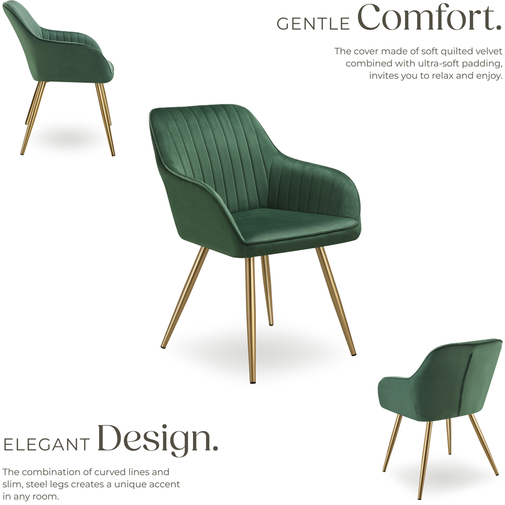 tectake Marilyn Set of 4 Dark Green and Gold Quilted Velvet Dining Chair Image 3