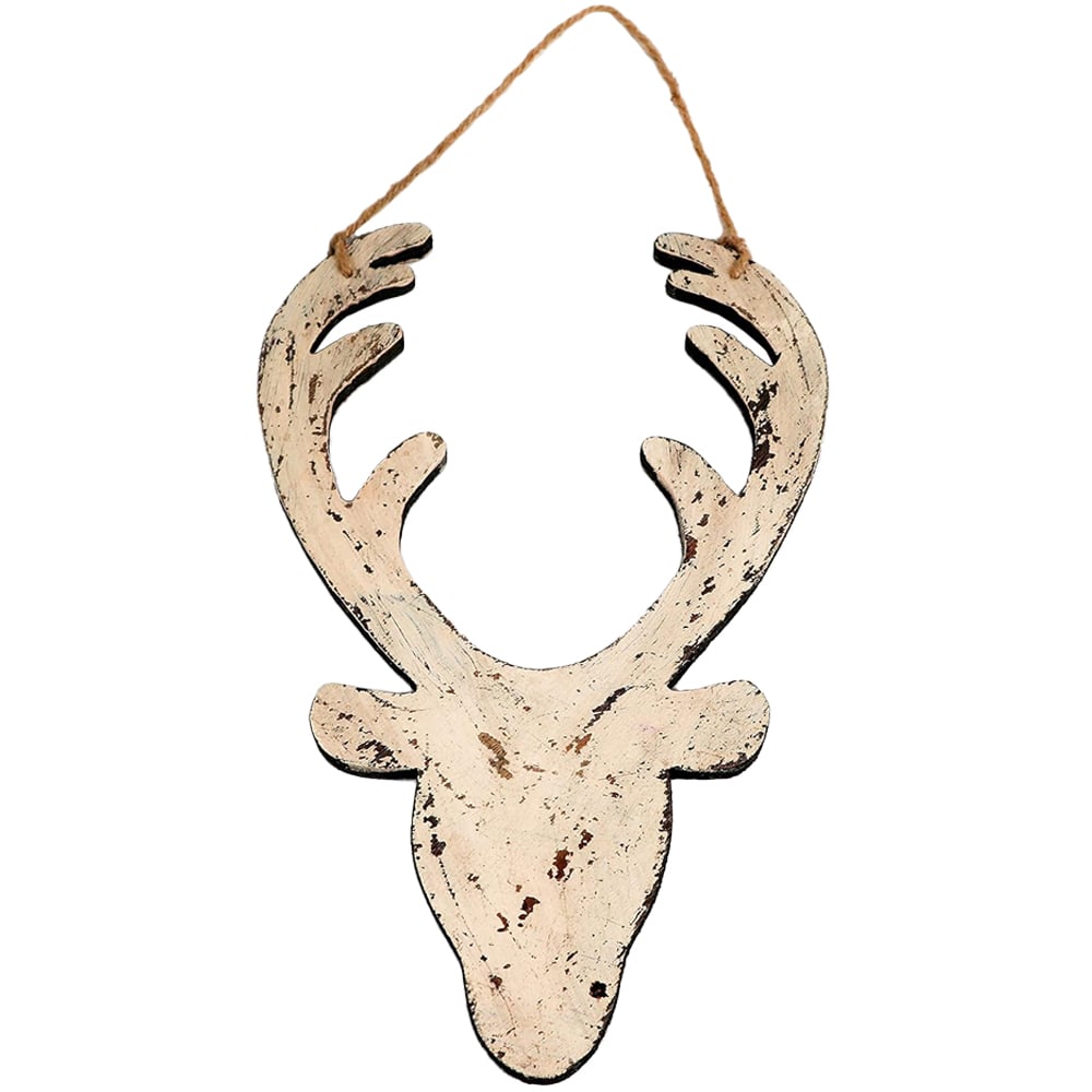 Shatchi Cream Deer Head Wooden Hanging Christmas Decoration 26cm Image 1