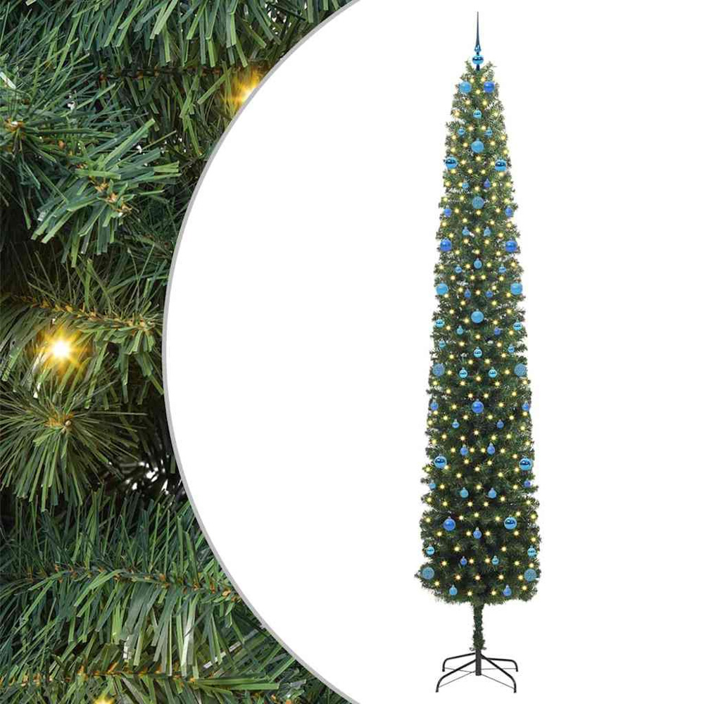 vidaXL Green Artificial Christmas Tree with LEDs Blue Decoration Ornaments 10ft Image 2
