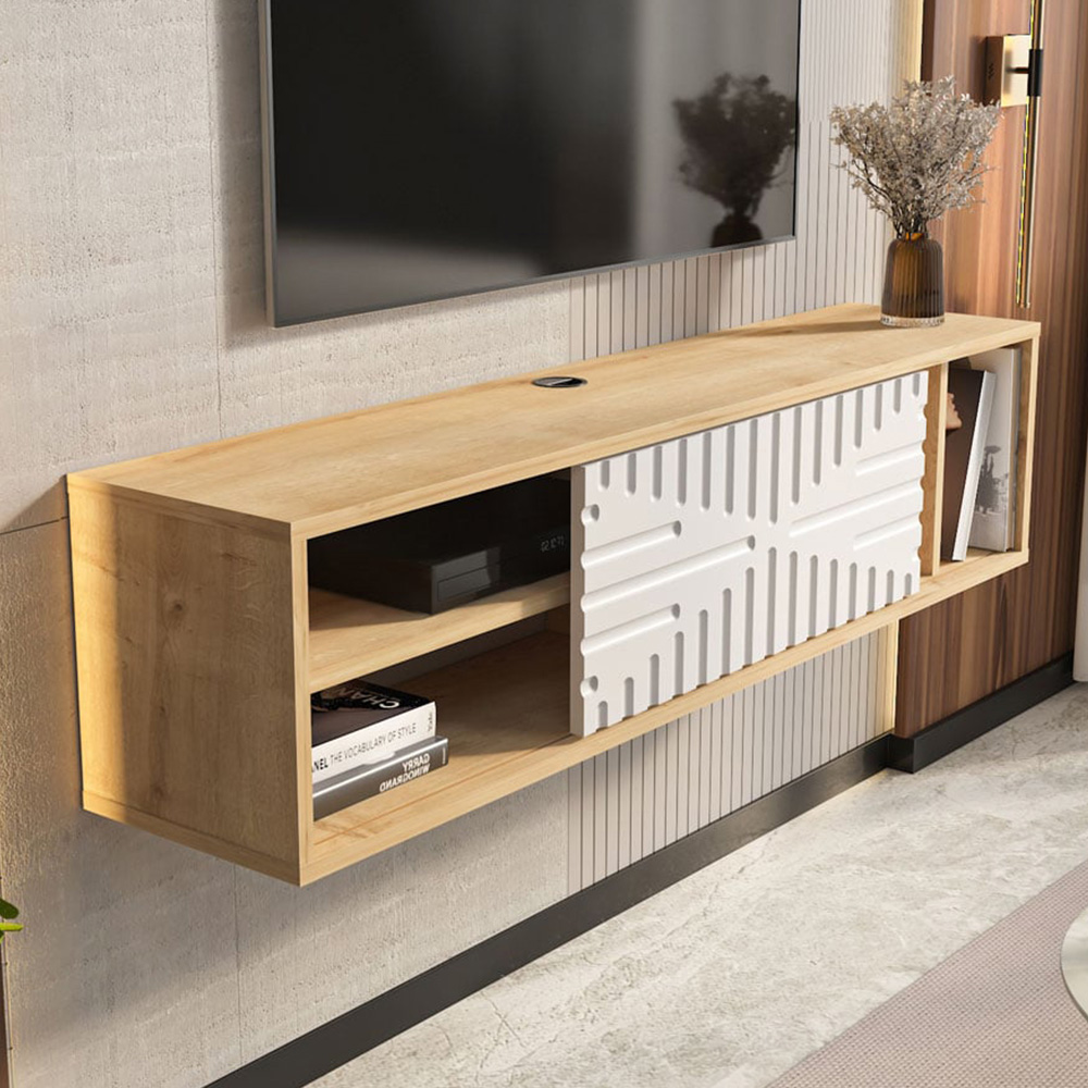 Decorotika Single Door 3 Shelf Sapphire Oak and White Floating TV Unit Image 1