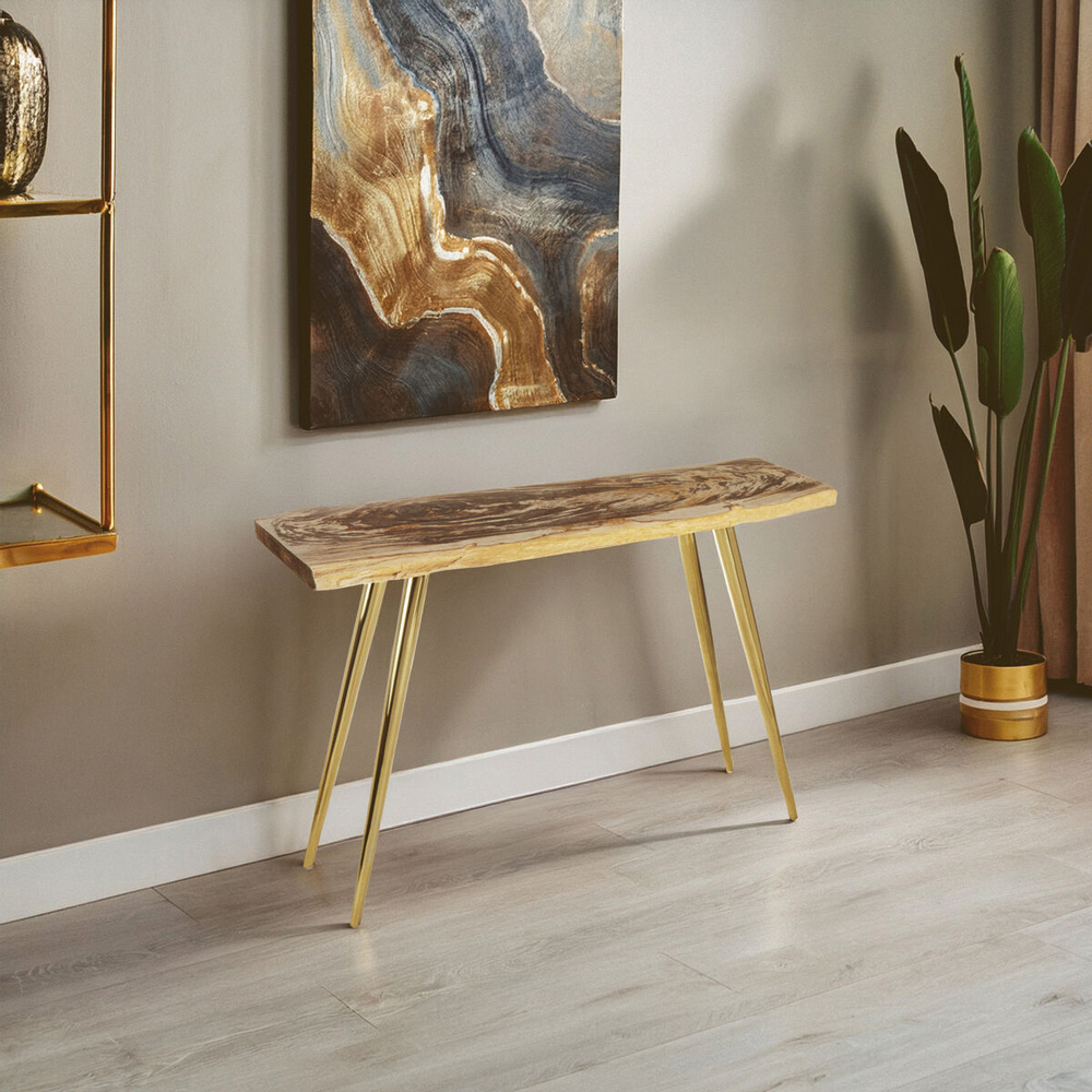 Premier Housewares Relic Petrified Wooden Top Console Table with Metal Base Image 2