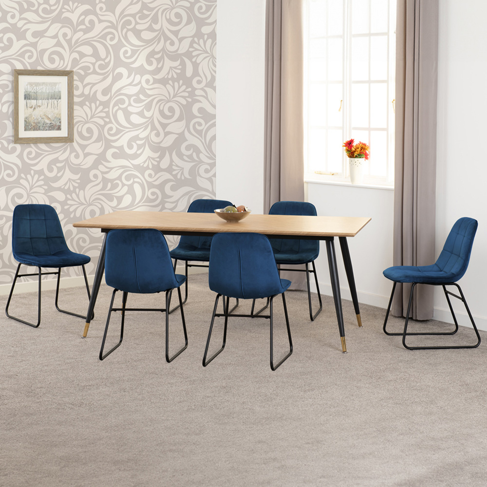 Seconique Hamilton Lukas Oak Effect Velvet 6 Seater Dining Table Set Sapphire Blue Image 1