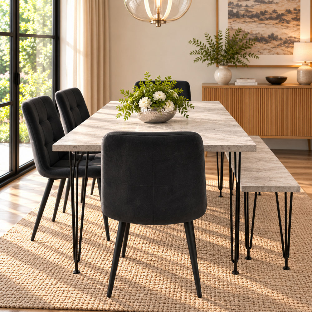 Kosy Koala 6 Seater Wood and Velvet Tufted Dining Bench Set Grey and Black Image 4