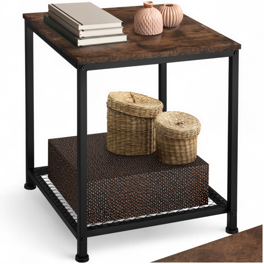 Tectake Derby Single Grid Shelf Rustic Dark Wood Bedside Table Image 2