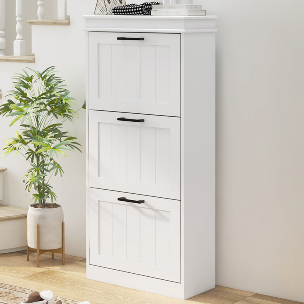 Portland White 3 Flip Drawer Shoe Storage Cabinet Image 1