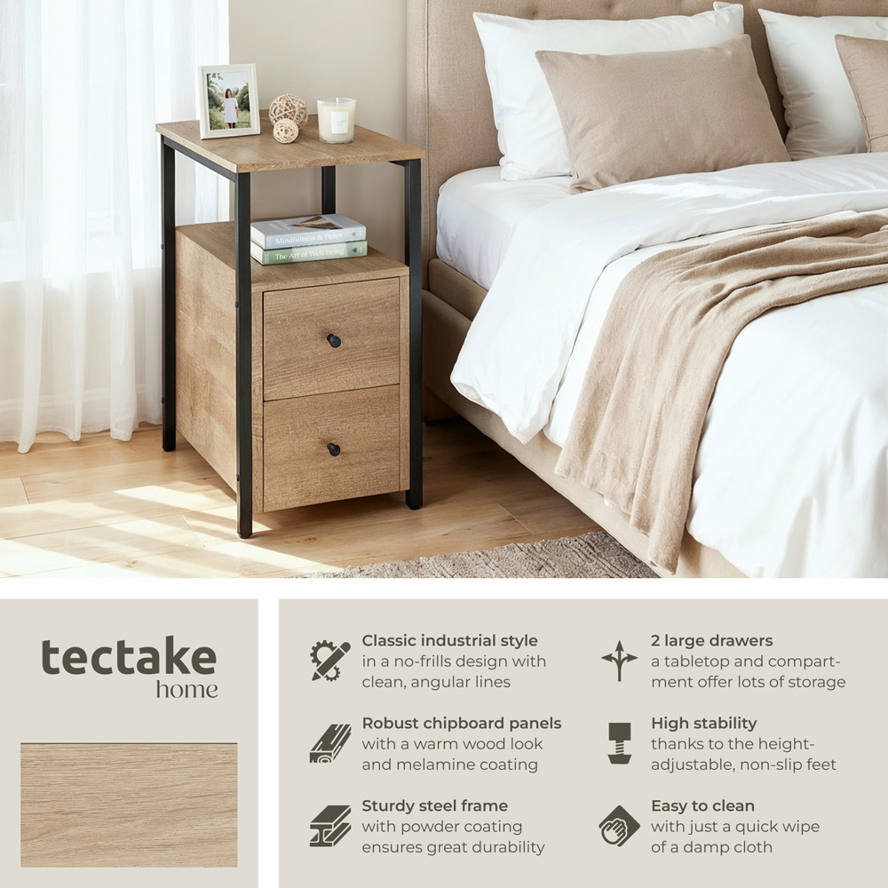 tectake Tullamore 2 Drawer Light Sonoma Oak Bedside Table Image 3
