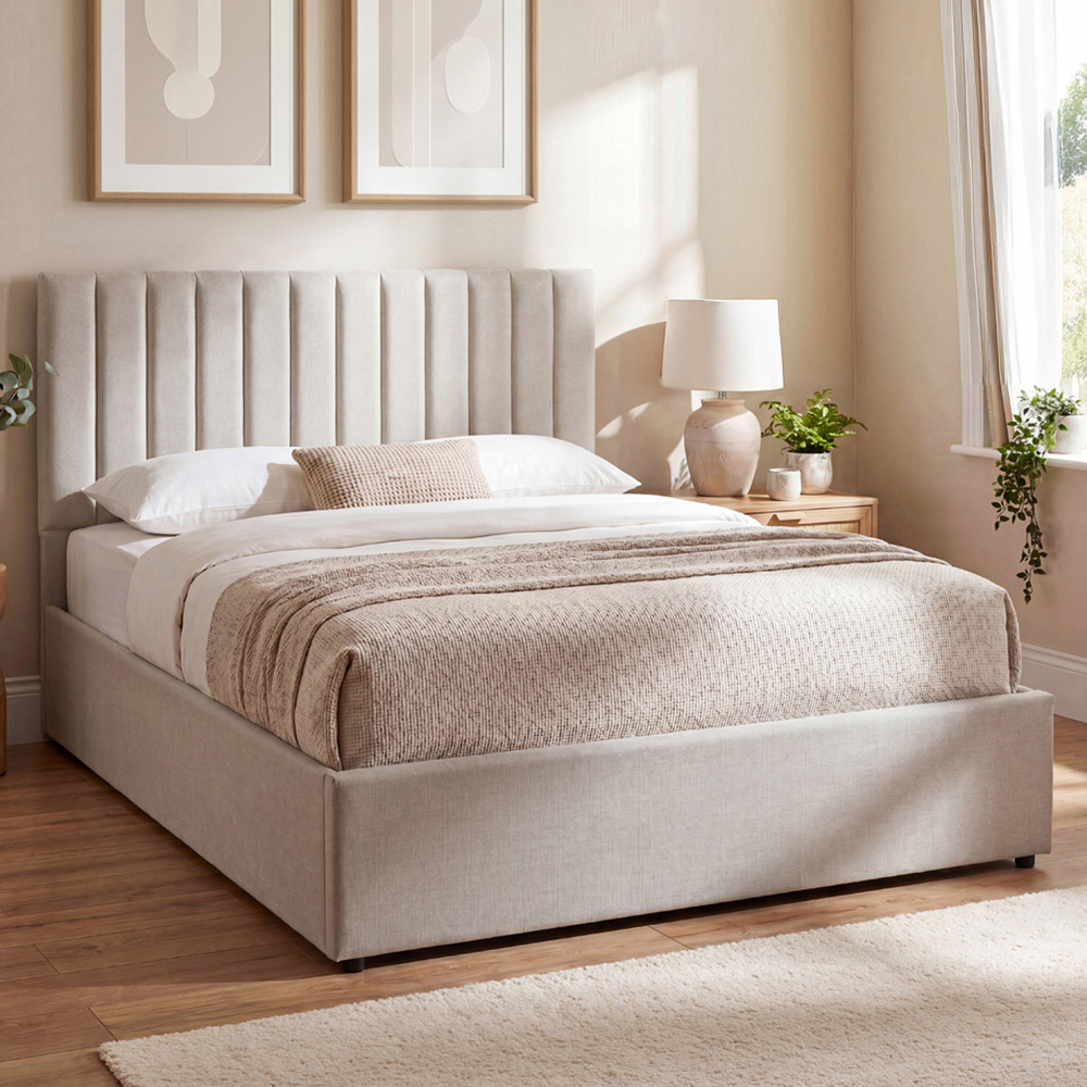 VIDA DESIGNS Vellaro King Size Beige Linen Fabric Ottoman Bed with Headboard and Mattress Image 1