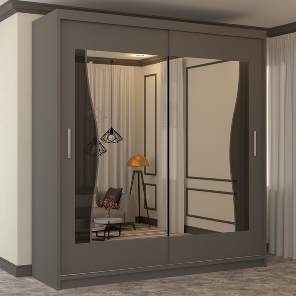 M N Furniture Banton 2 Door Grey Curved Mirrored Sliding Wardrobe 180cm Image 1