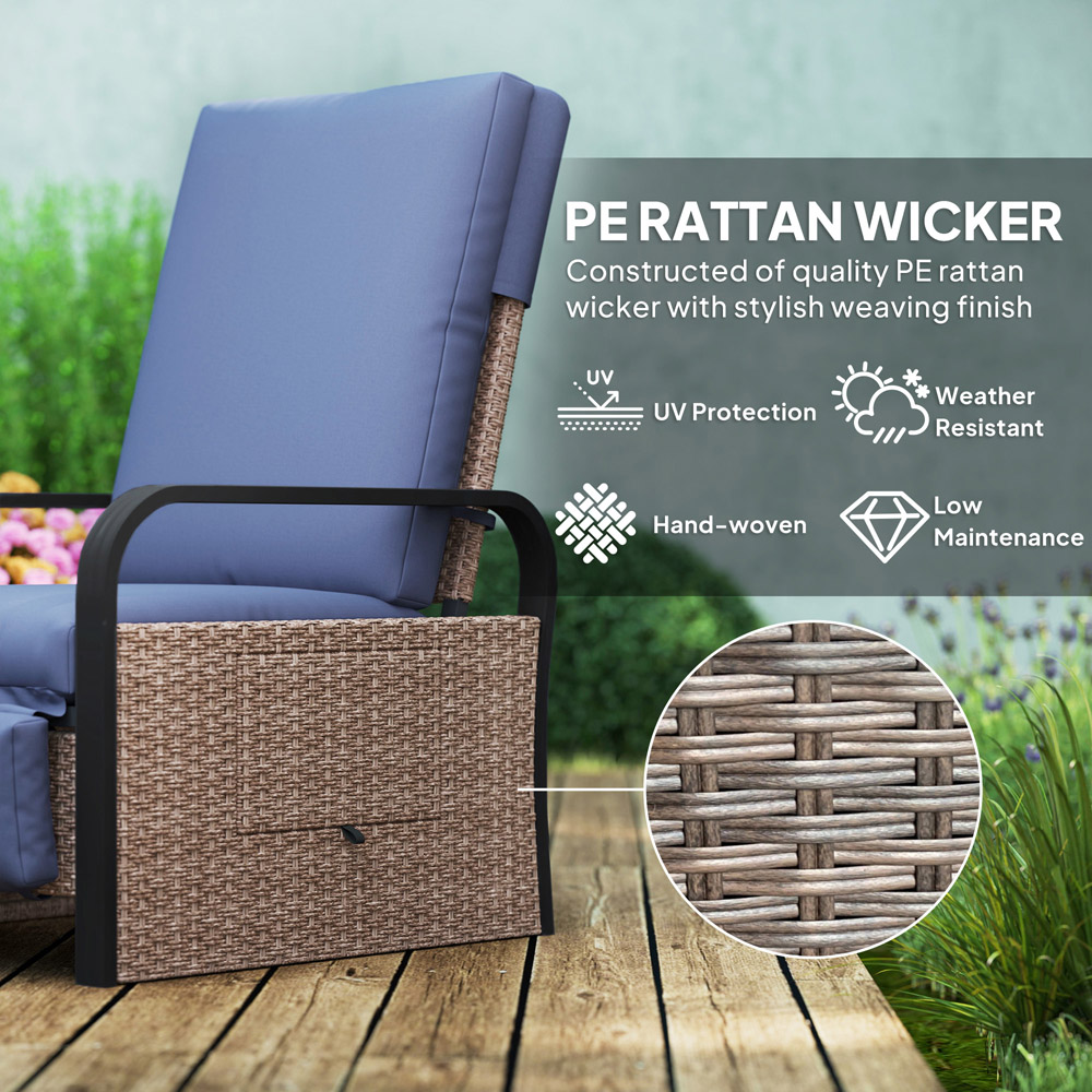 Outsunny Brown and Blue Rattan Garden Recliner Chair Sun Lounger with Side Tray Image 5