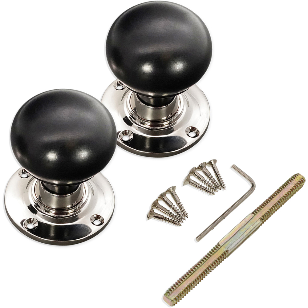 Spira Brass Polished Nickel Ebony Bun Rim and Mortice Door Knob 2 Pack Image 4