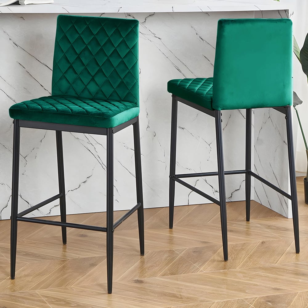 Living and Home Green Diamond-Quilted Velvet Upholstered Bar Stool Set of 2 Image 1