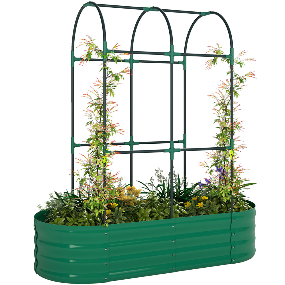 Outsunny Green Galvanised Raised Garden Bed with Trellis 140 x 60 x 120cm Image 1