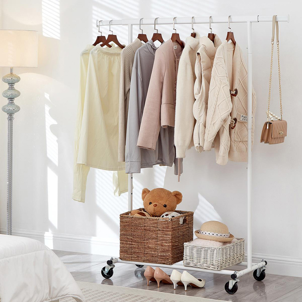 House Of Home Single Shelf White Heavy-Duty Adjustable Rolling Clothes Rail Image 2