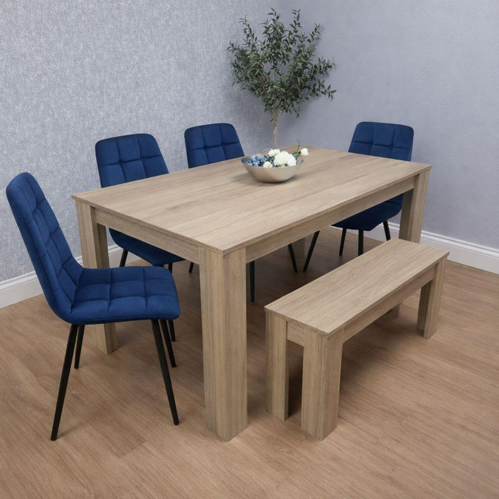 Kosy Koala 6 Seater Velvet Dining Bench Set Oak Effect and Blue Image 6