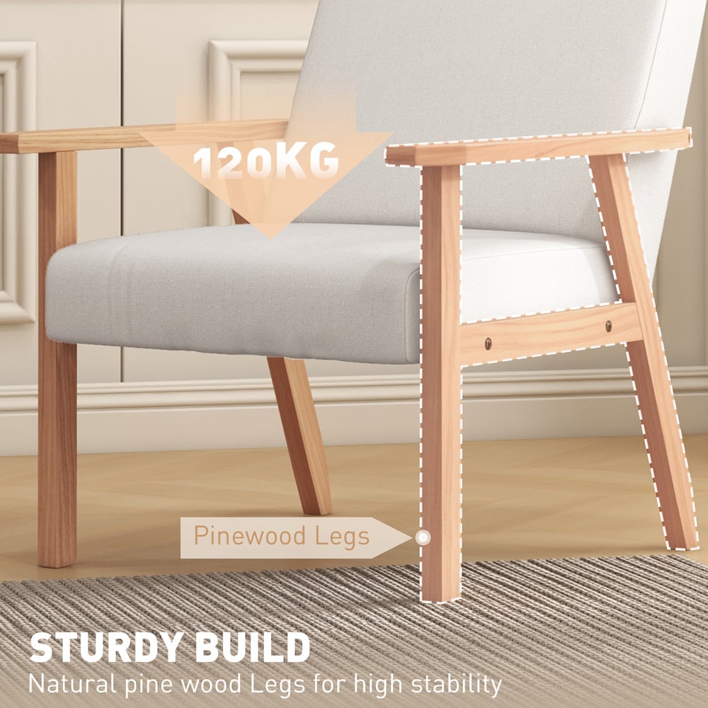 HOMCOM Cream White Wood Frame Accent Armchair with Linen Cushions Image 7