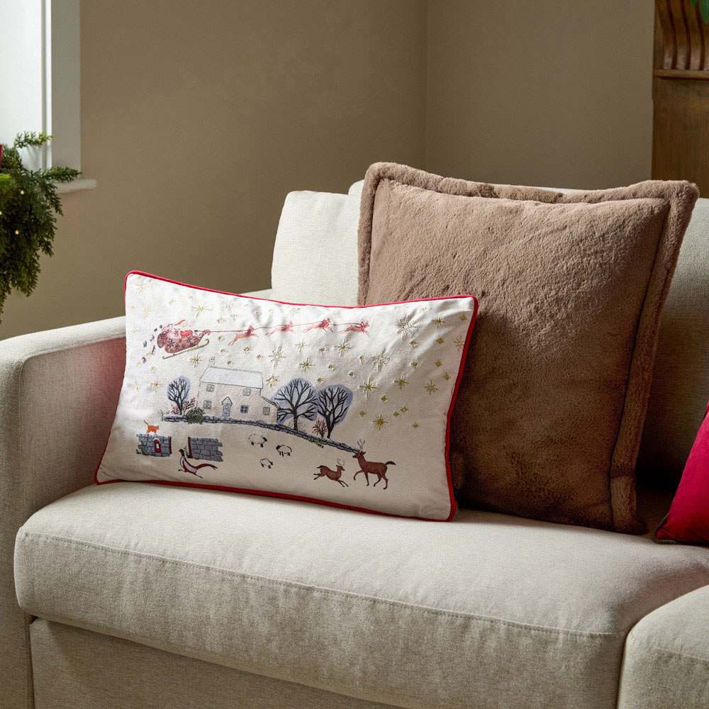Furn Cotswold Christmas Embroidered Cream and Burgundy Velvet Cushion 30 x 50cm Image 6