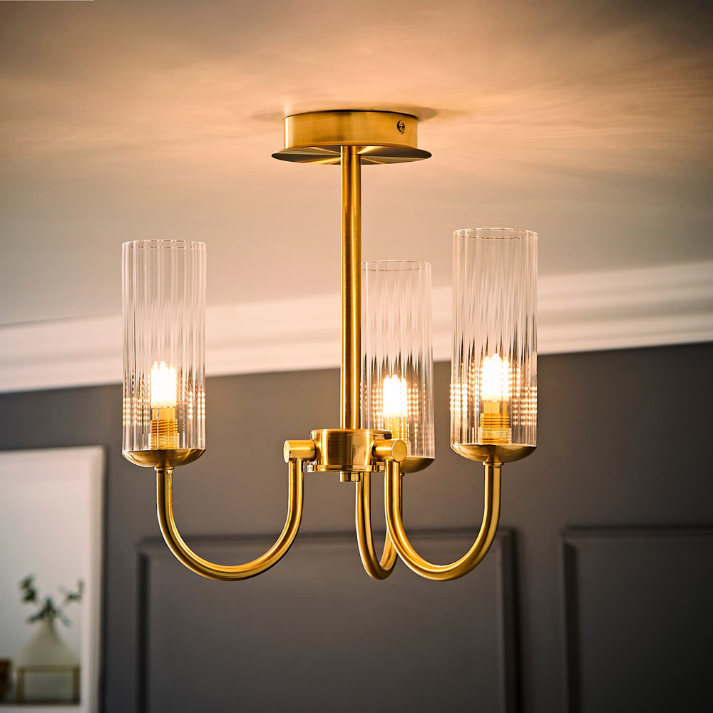 ValueLights Canya Clear Ribbed Shades 3 Way Brushed Gold Ceiling Light Chandelier with Bulbs Image 2