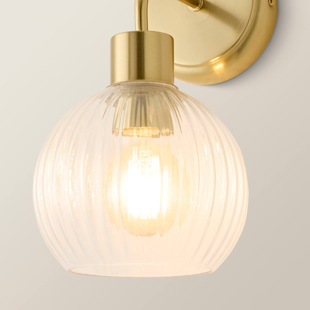 ValueLights Maddison Ribbed Glass Globe Gold Metal Wall Light with Bulb Image 4