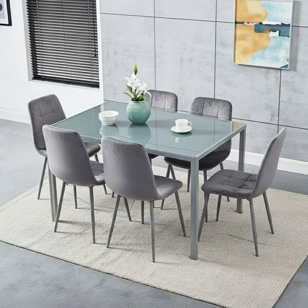 Kosy Koala 6 Seater Velvet and Glass Dining Table Grey Image 3