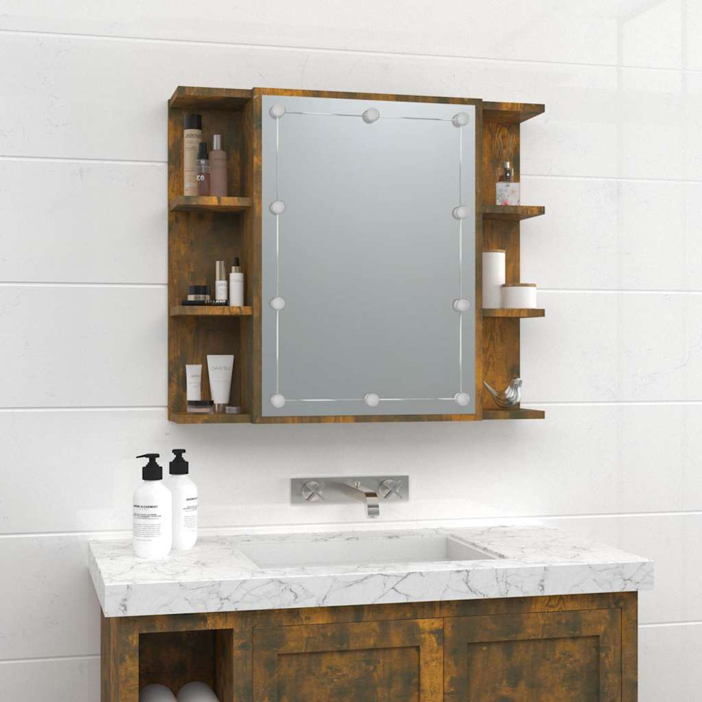 vidaXL Single Door 6 Open Shelf Smoked Oak LED Mirror Bathroom Cabinet Image 8