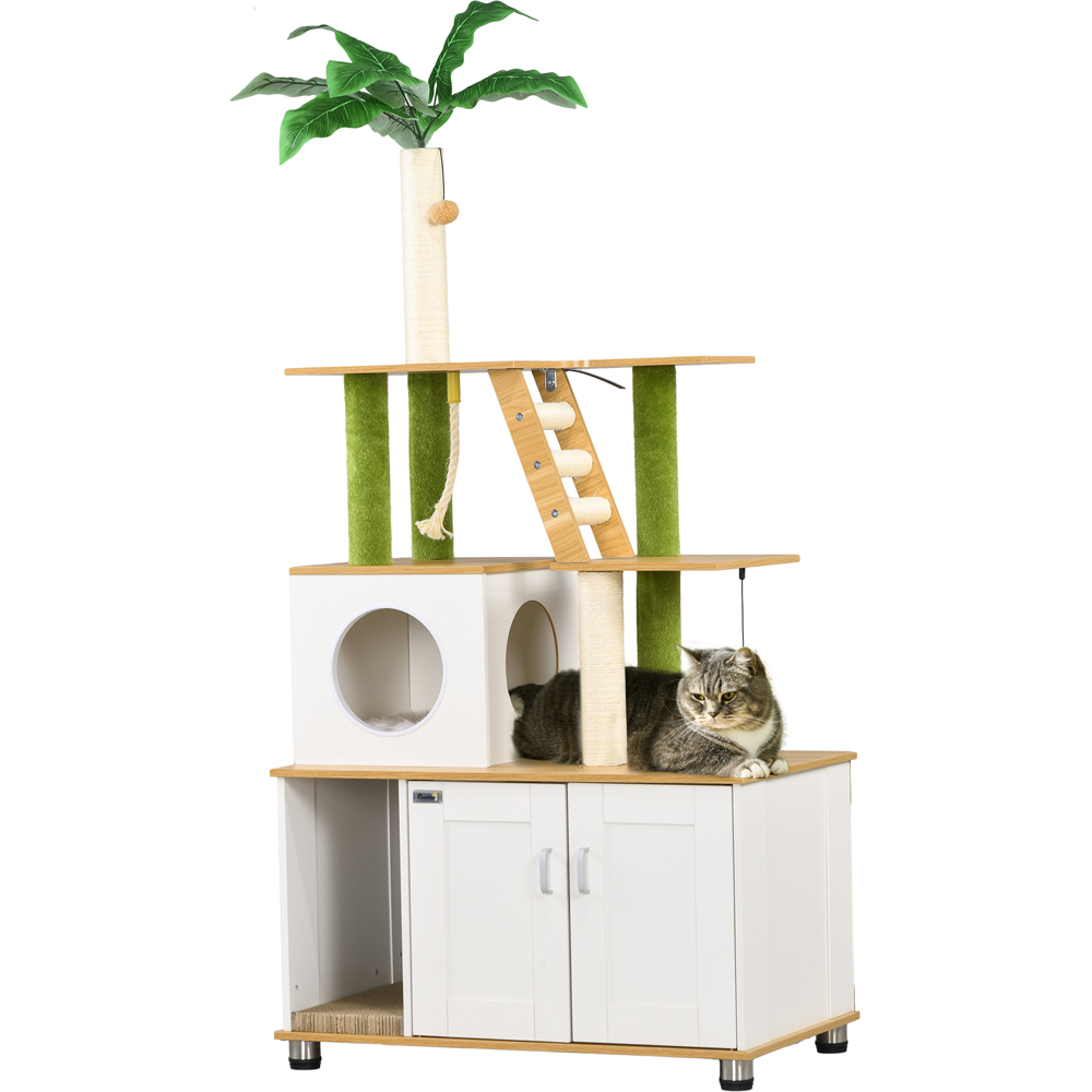 PawHut Enclosure Oak Cat Litter Box with Leaf Cat Tree Image 1