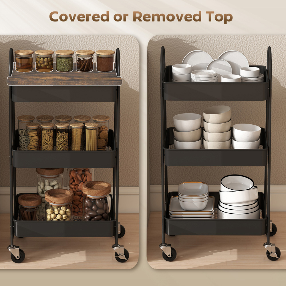 Portland 3 Tier Rustic Brown and Black Rolling Utility Cart with Mesh Baskets Image 5