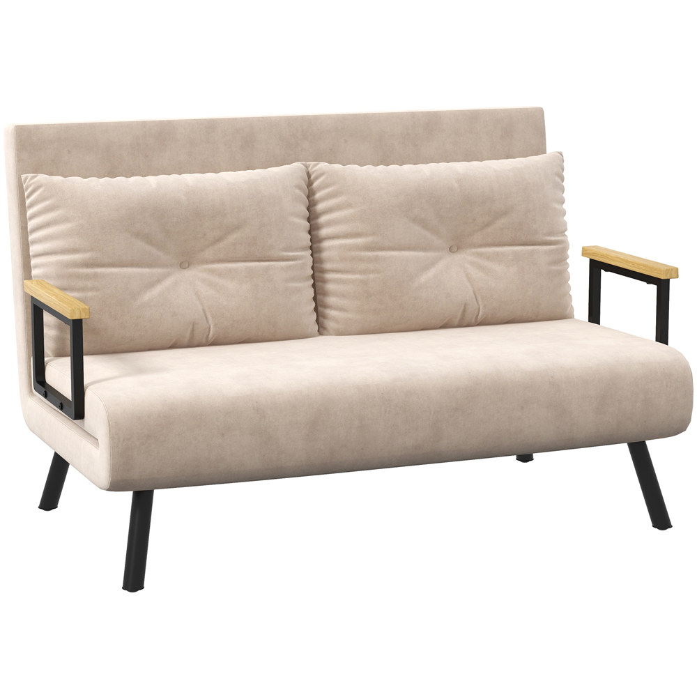 HOMCOM 2 Seater Beige Velvet Feel Fabric Convertible Sofa Bed Image 2