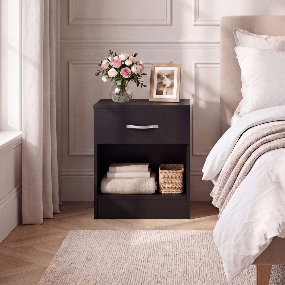Vida Designs Riano Single Drawer Single Shelf Black Melamine Finish Bedside Table Set of 2 Image 3