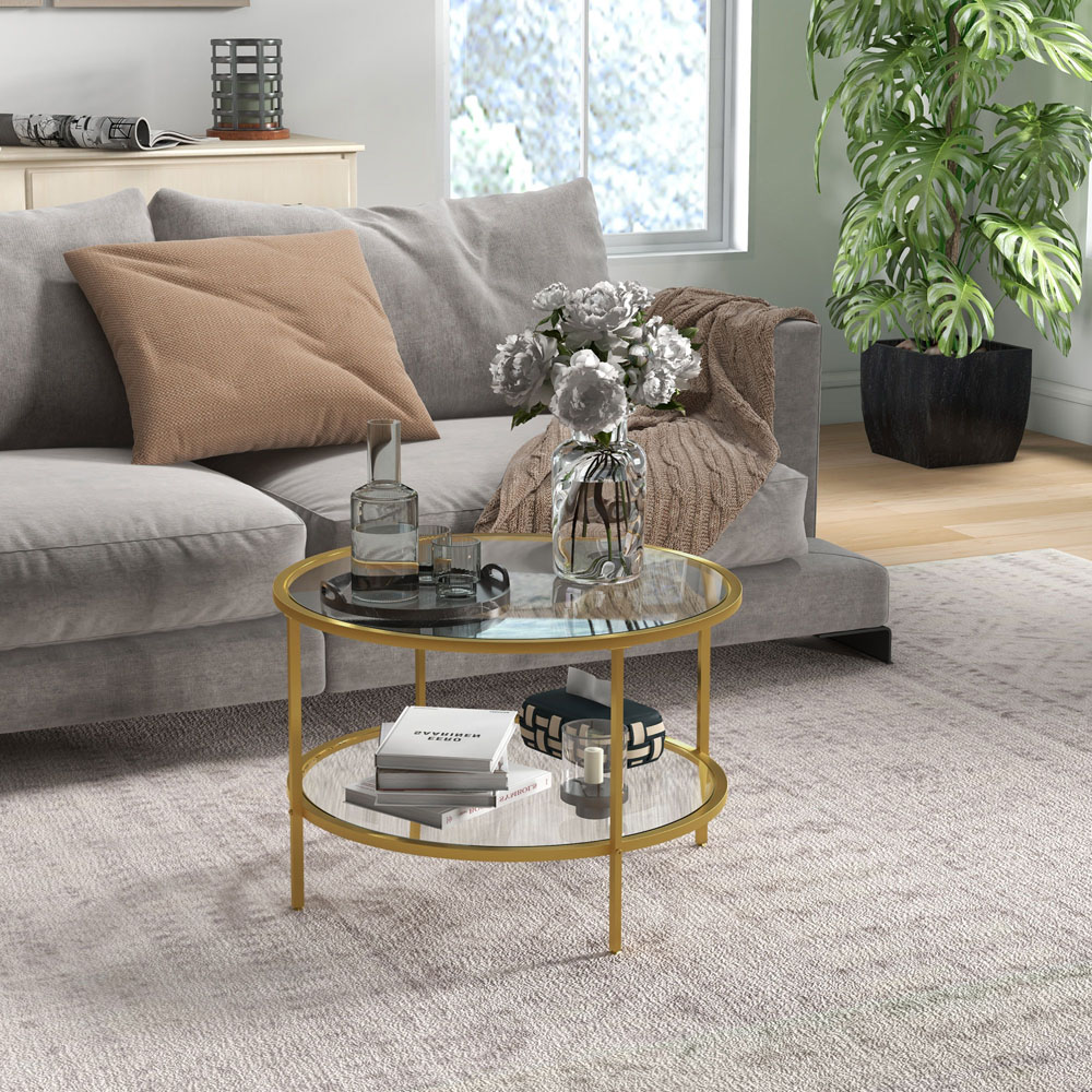 HOMCOM Gold Tempered Glass Top Round Coffee Table with Storage Shelf Image 3