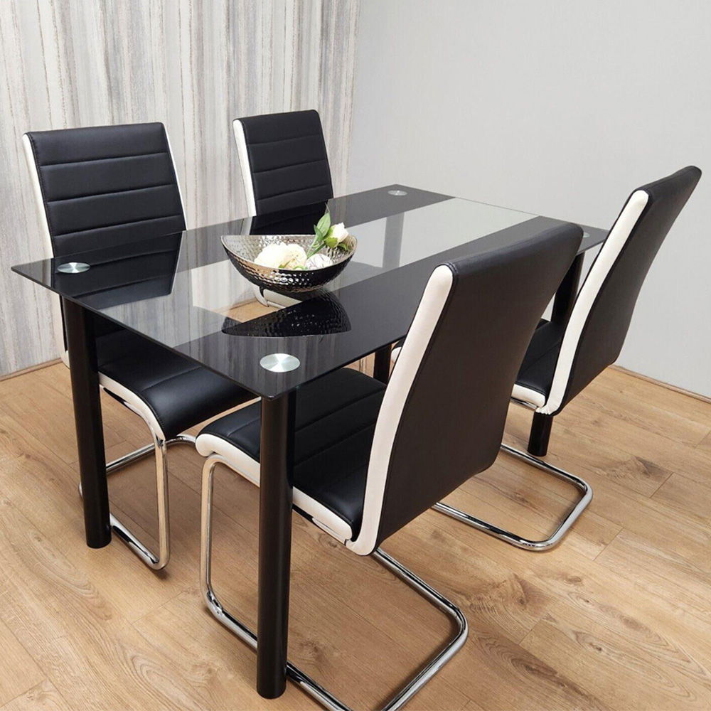 Kosy Koala 4 Seater Leather Clear Glass Dining Set Black and White Image 1