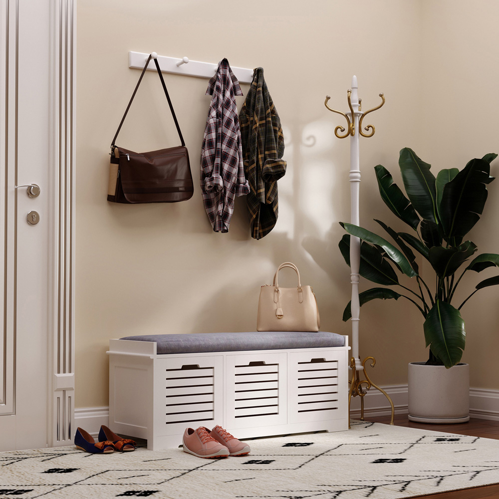 HOMCOM 3 Door White Slatted Shoe Storage Bench Image 4
