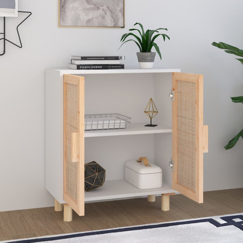 vidaXL 2 Door White Solid Pine Wood and Natural Rattan Sideboard Image 7